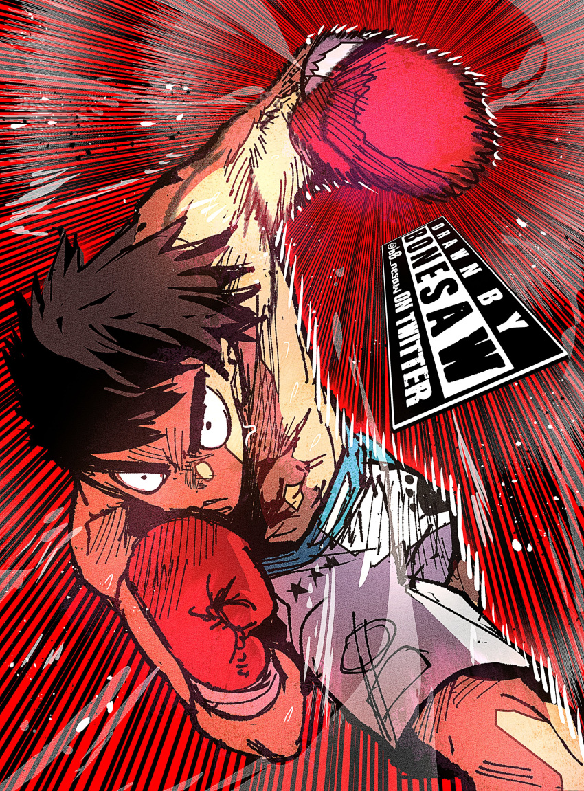 1boy absurdres arm_up artist_name bonesaw_(artist) boxer boxing boxing_gloves boxing_shorts brown_hair closed_mouth gloves hajime_no_ippo hand_up highres imminent_punch looking_at_viewer makunouchi_ippo male_focus muscular muscular_male red_background red_gloves serious short_hair shorts small_pupils solo speed_lines spiky_hair sweat topless_male twitter_username v-shaped_eyebrows white_shorts wide-eyed