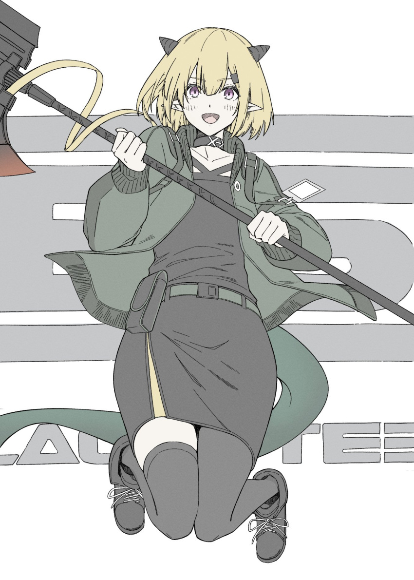 1girl arknights axe black_dress black_footwear black_thighhighs blacksteel_worldwide_logo blonde_hair blush commentary dress green_jacket highres holding holding_axe horns infection_monitor_(arknights) jacket jumping kyoro_(kyoroillust) looking_at_viewer open_mouth pointy_ears pouch short_hair simple_background smile solo tail thigh-highs vanilla_(arknights) violet_eyes white_background