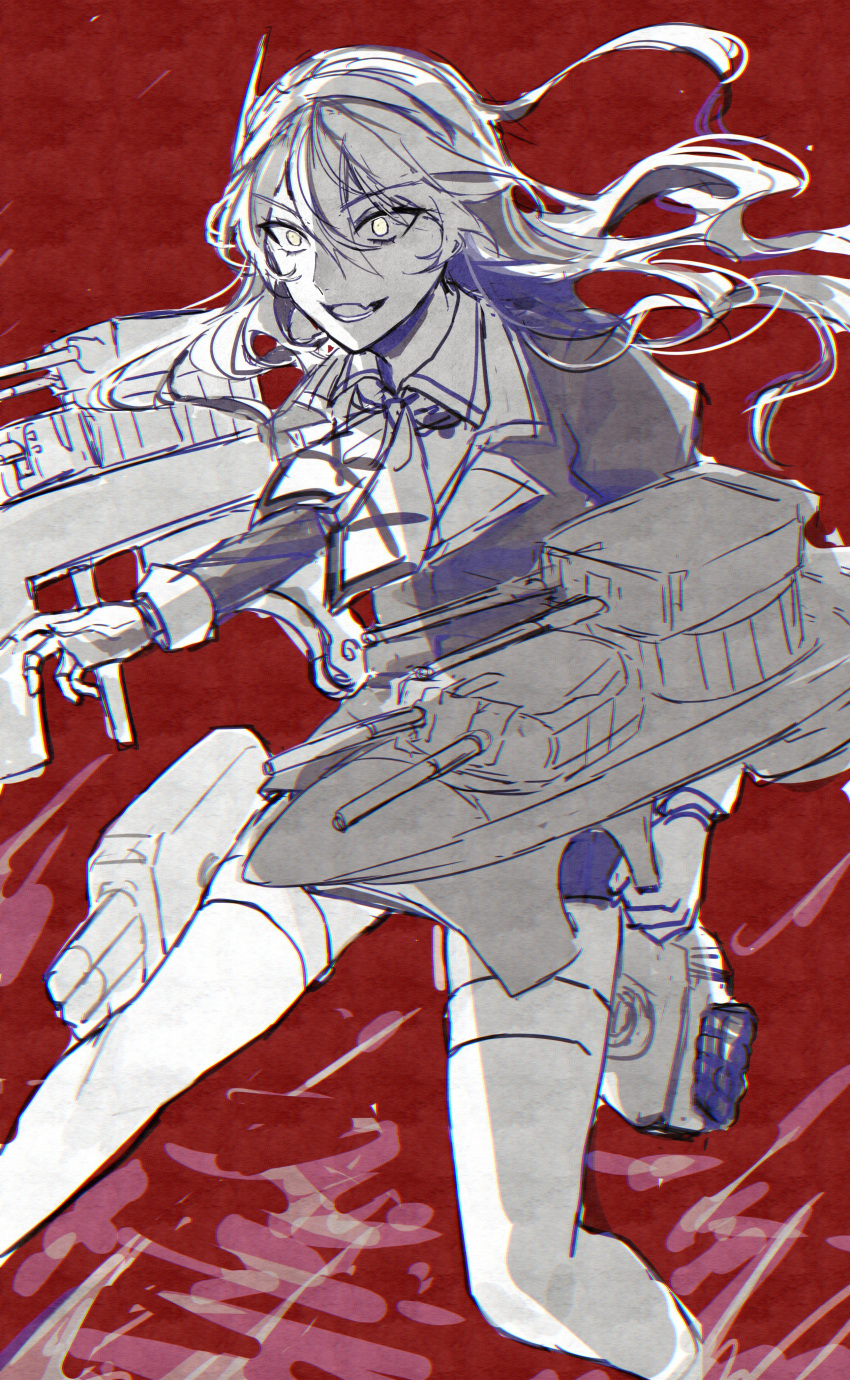 1girl absurdres ashigara_(kancolle) ashigara_kai_ni_(kancolle) cannon fang feet_out_of_frame greyscale hagioshi hairband highres kantai_collection looking_at_viewer machinery military_uniform monochrome neckerchief open_mouth pantyhose red_background skin_fang solo spot_color thighband_pantyhose turret uniform