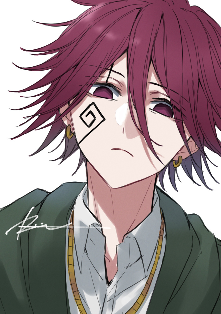 1boy absurdres carpaccio_luo-yang closed_mouth collared_shirt earrings empty_eyes facial_mark green_robe hair_between_eyes highres jewelry looking_at_another mashle r1kuuw red_eyes redhead robe shirt solo white_background white_shirt