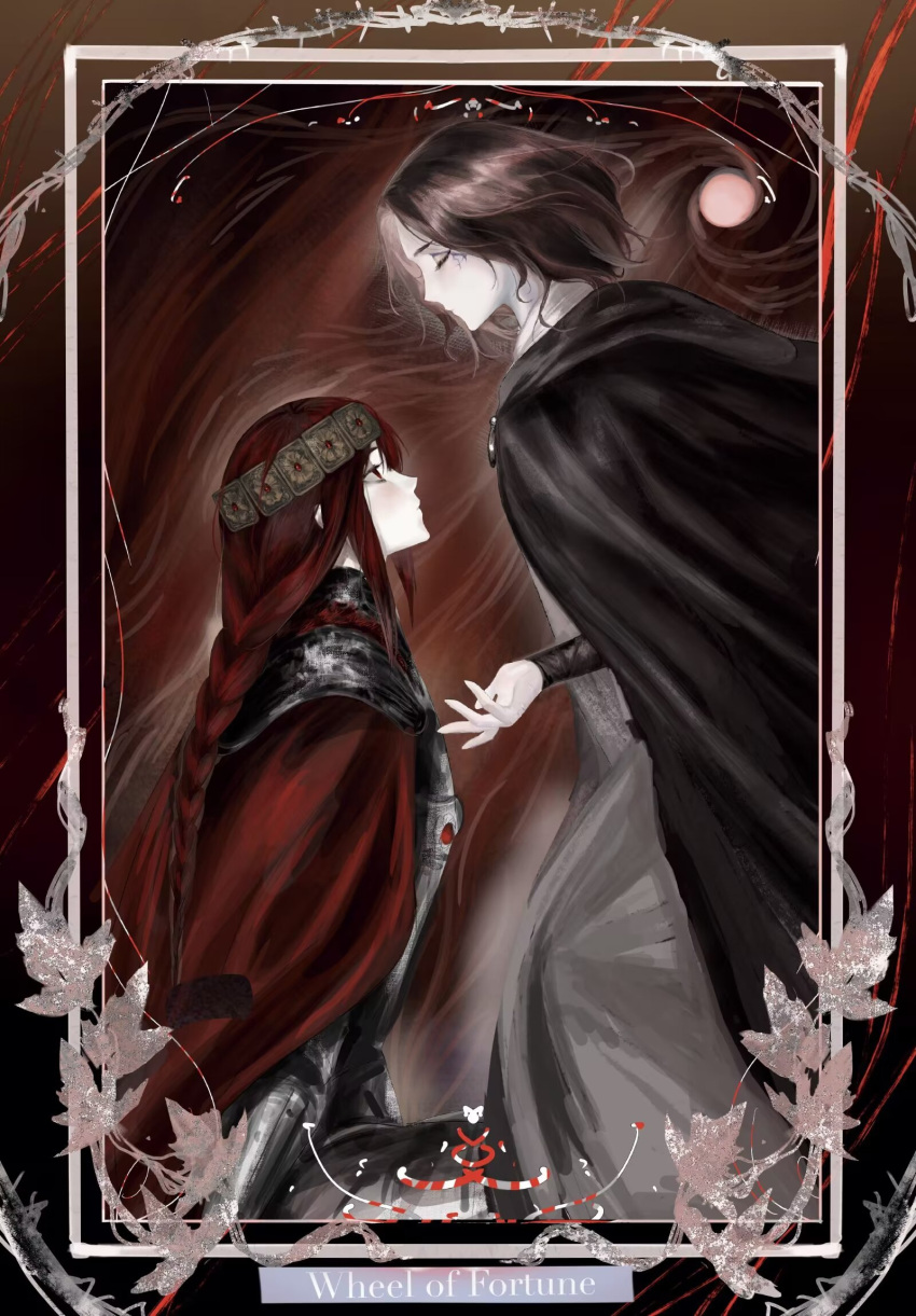 2girls abstract_background armor artist_request black_cloak braid breastplate brown_hair cape card_(medium) cloak closed_eyes colored_skin commission dress elden_ring english_text expressionless facial_mark from_side grey_dress headband highres inset_border leaf long_hair looking_at_another low-braided_long_hair low-tied_long_hair melina_(elden_ring) multiple_girls pauldrons profile red-haired_tarnished_(qiqiqiqi) red_background red_cape red_eyes redhead second-party_source short_hair shoulder_armor single_braid sitting standing tarnished_(elden_ring) tarot tarot_(medium) wheel_of_fortune_(tarot) white_skin