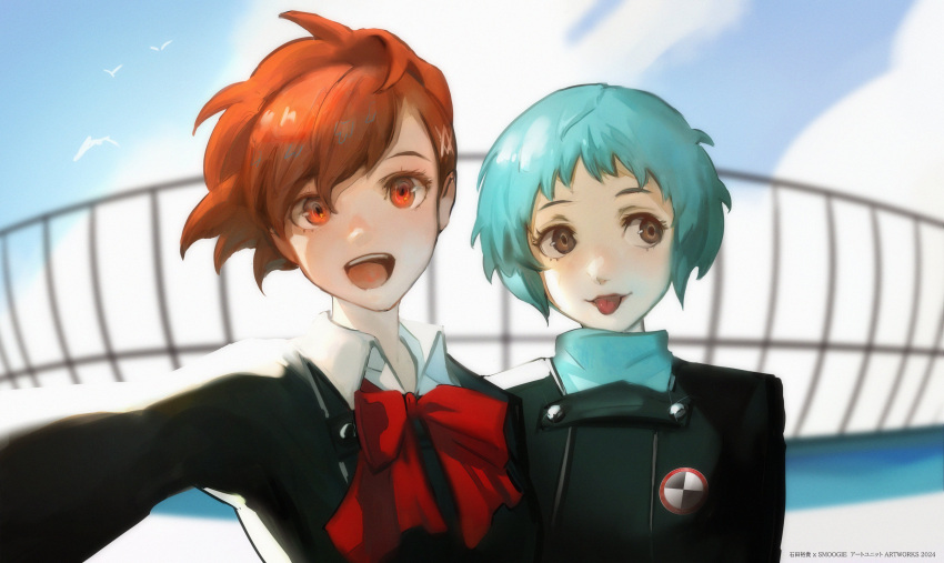 2girls absurdres aqua_hair bird black_jacket blue_sky bow bowtie brown_hair clouds cloudy_sky collared_shirt commentary english_commentary gekkoukan_high_school_uniform grey_eyes hair_between_eyes hair_ornament hairclip high_ponytail highres jacket long_hair long_sleeves looking_at_viewer looking_to_the_side multiple_girls open_mouth outdoors persona persona_3 persona_3_portable red_bow red_bowtie red_eyes school_uniform shiomi_kotone shirt short_hair sky smoogiearts teeth tongue tongue_out turtleneck upper_body upper_teeth_only white_shirt yamagishi_fuuka