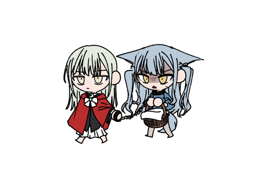 2girls a_jak animal_ears bang_dream! bang_dream!_it's_mygo!!!!! basket blue_hair cape chain chain_leash chibi closed_mouth collar commentary_request expressionless green_hair holding holding_basket holding_leash kemonomimi_mode korean_commentary leash long_hair multiple_girls open_mouth red_cape sweatdrop tail togawa_sakiko two_side_up wakaba_mutsumi wolf_ears wolf_girl wolf_tail yellow_eyes