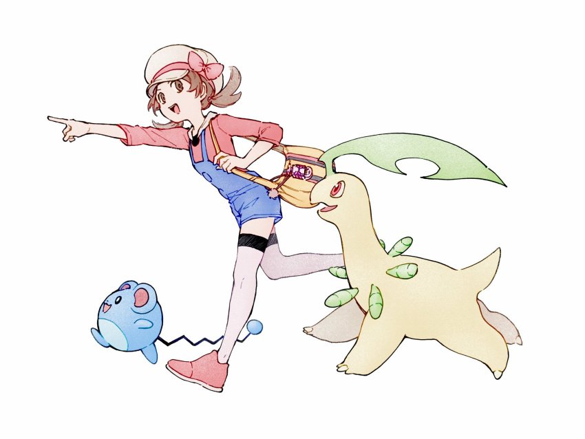 :d bag bayleef blue_overalls bow brown_eyes brown_hair cabbie_hat full_body hat hat_bow highres lyra_(pokemon) marill open_mouth overalls pointing pointing_forward pokemon pokemon_(creature) pokemon_hgss red_bow red_footwear red_shirt running shirt shoes shoulder_bag sleeves_past_elbows smile tan_carbonnn thigh-highs twintails white_background white_hat white_thighhighs yellow_bag