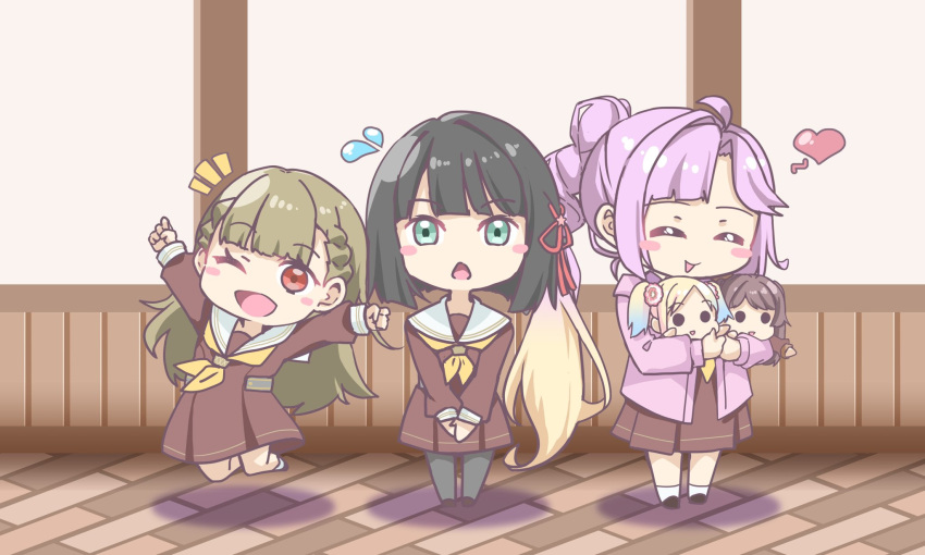 3girls ;d =_= anyoji_hime asymmetrical_bangs black_hair black_pantyhose blonde_hair blue_hair blunt_bangs blunt_ends blush_stickers braid brown_dress brown_hair center-flap_bangs character_doll check_commentary closed_eyes commentary_request deformed doll dress feet_up flower flying_sweatdrops fujishima_megumi gradient_hair green_eyes green_hair hair_flower hair_intakes hair_ornament hasu_no_sora_school_uniform highres holding holding_doll jacket jumping kachimachi_kosuzu light_blue_hair link!_like!_love_live! long_hair long_sleeves looking_at_viewer love_live! matsurugi_tsukasa medium_dress momose_ginko multi-tied_hair multicolored_hair multiple_girls neckerchief notice_lines one_eye_closed open_clothes open_jacket open_mouth osawa_rurino outstretched_arms pantyhose parted_bangs pink_flower pink_hair pink_jacket pleated_dress ponytail red_eyes sailor_collar sailor_dress school_uniform shadow short_hair side_braids sidelocks smile socks spread_arms standing straight_hair swept_bangs twintails two_side_up v_arms very_long_hair violet_eyes virtual_youtuber white_sailor_collar white_socks winter_uniform wooden_floor yellow_neckerchief