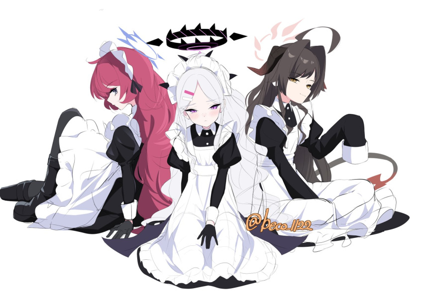 3girls ahoge alternate_costume beko_(beco_1122) black_hair black_horns black_tail blue_archive blush boots demon_girl demon_horns demon_tail demon_wings enmaided gloves hair_intakes hair_ornament hairclip halo hina_(blue_archive) horns iroha_(blue_archive) kasumi_(blue_archive) long_hair looking_at_viewer low_wings maid messy_hair multiple_girls red_halo redhead seiza simple_background sitting sleeves_past_fingers sleeves_past_wrists smug tail twitter_username very_long_hair violet_eyes white_background wings yellow_eyes