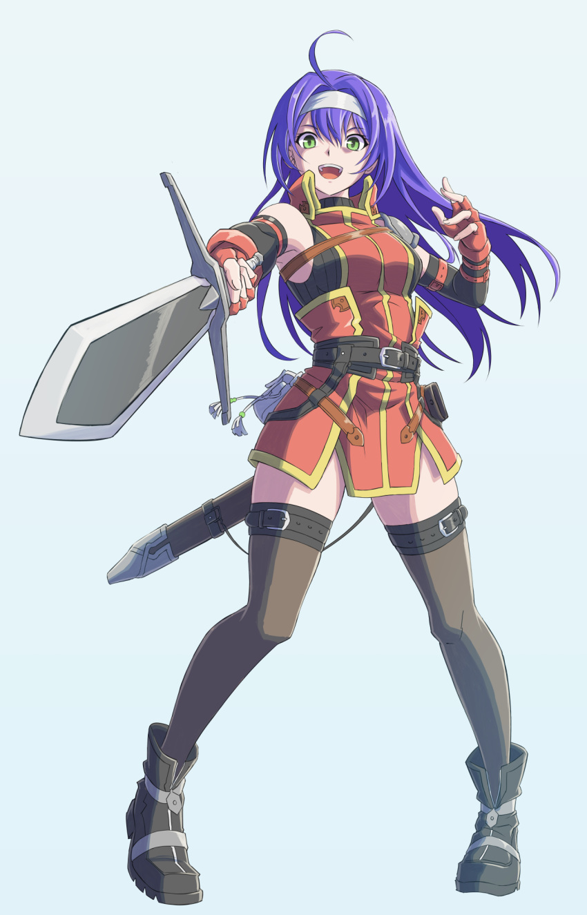1girl :d ahoge armor black_footwear black_thighhighs dress fingerless_gloves fire_emblem fire_emblem:_path_of_radiance full_body funami_dingo gloves green_eyes hair_between_eyes hairband highres holding holding_sword holding_weapon looking_at_viewer mia_(fire_emblem) open_mouth orange_dress orange_gloves pauldrons purple_hair shoulder_armor single_pauldron smile solo sword teeth thigh-highs upper_teeth_only weapon white_hairband