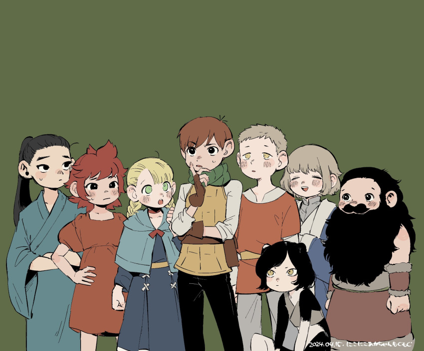4boys 4girls ^_^ alternate_species animal_ears arm_guards armor arms_at_sides beard belt_pouch black_eyes black_hair black_hat blonde_hair blue_capelet blue_jacket blue_robe blush bob_cut body_fur braid brother_and_sister brown_gloves brown_hair capelet cat_ears cat_girl cat_tail chilchuck_tims choker closed_eyes covered_mouth crop_top dress dungeon_meshi facial_hair facing_ahead falin_touden feet_out_of_frame fingerless_gloves fur_trim gloves green_background green_scarf grey_hair grey_pants grey_shirt hair_pulled_back hair_slicked_back halfling hand_on_own_hip highres hood hood_down hooded_capelet izutsumi jacket japanese_clothes kimono laios_touden leather_armor lineup long_beard long_hair long_sleeves looking_ahead looking_at_another looking_to_the_side marcille_donato midriff mismatched_animal_ear_colors multiple_boys multiple_girls mustache namari_(dungeon_meshi) pants ponytail pouch puffy_short_sleeves puffy_sleeves red_dress red_shirt redhead robe scarf senshi_(dungeon_meshi) shirt short_hair short_sleeves shurou siblings simple_background sitting sleeveless sleeves_rolled_up sweat swept_bangs tail thinking tmr0621 twin_braids twintails twitter_username white_shirt yellow_eyes