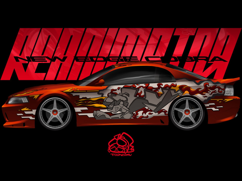 artist_name black_background car ford_mustang_sn95 from_side highres motor_vehicle no_humans original red_car sports_car toonzoku vehicle_focus