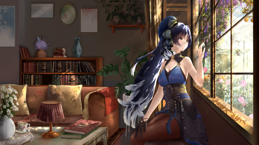 1girl bare_shoulders black_gloves blue_hair blue_hat book book_stack bookshelf couch cup facial_mark flower flower_pot forehead_mark gloves half_gloves highres lampshade long_hair looking_outside pantyhose parted_hair pillow single_glove sitting teacup window wuthering_waves yangyang_(wuthering_waves) yowlawa