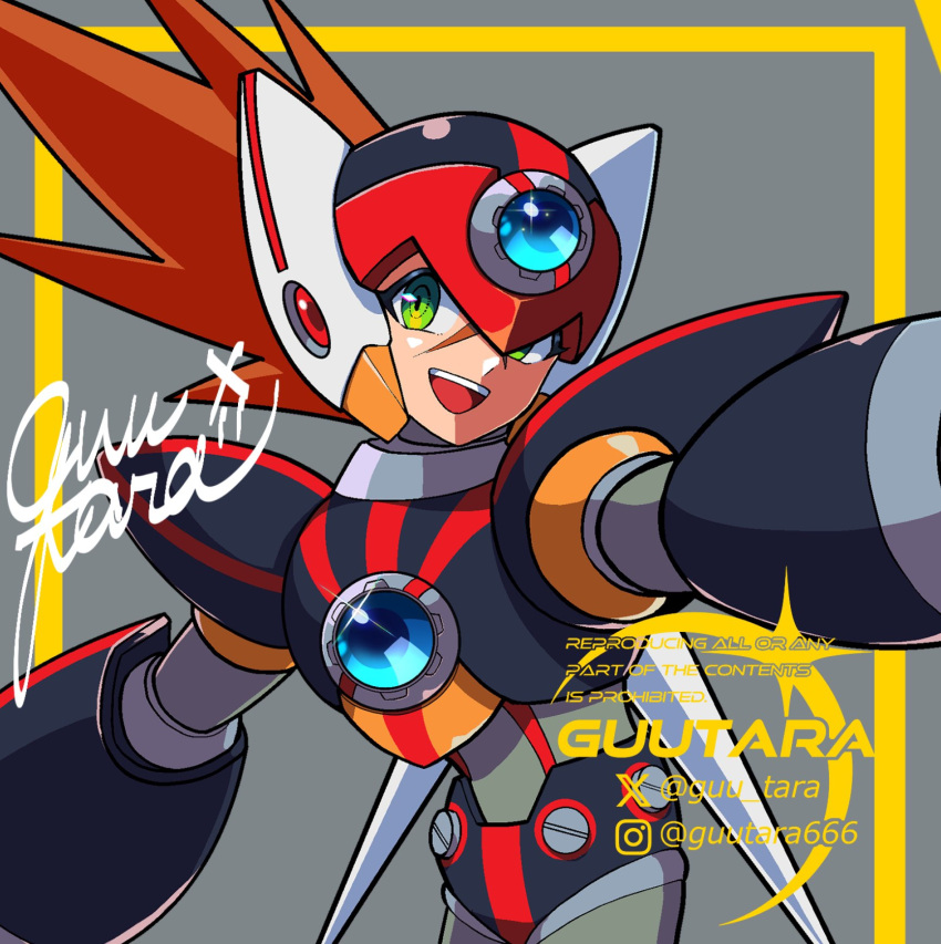 1boy android armor artist_name axl_(mega_man) black_armor brown_hair chest_jewel cowboy_shot cross_scar forehead_jewel green_eyes grey_background guutara highres instagram_logo instagram_username long_hair looking_at_viewer male_focus mega_man_(series) mega_man_x_(series) outstretched_arms red_helmet scar scar_on_face shoulder_armor signature simple_background solo spiky_hair twitter_logo twitter_username watermark