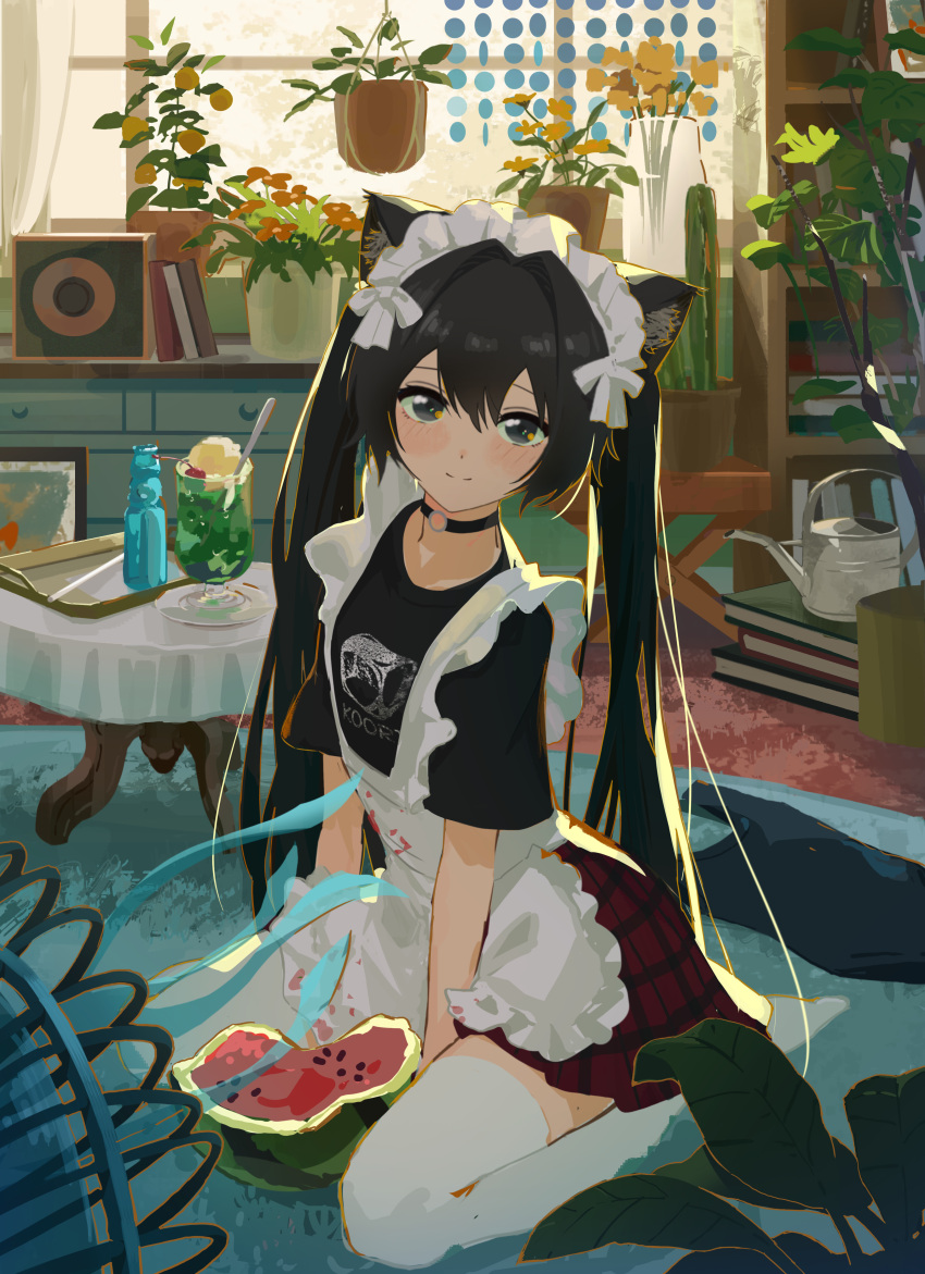1girl absurdres animal_ears apron black_eyes black_hair black_shirt cat_ears food fruit highres ice_cream ice_cream_float indoors kgt_(pixiv12957613) long_hair looking_at_viewer maid maid_apron maid_headdress melon_soda original plant potted_plant red_skirt seiza shirt sitting skirt solo summer t-shirt table thigh-highs twintails watering_can watermelon white_apron white_thighhighs window