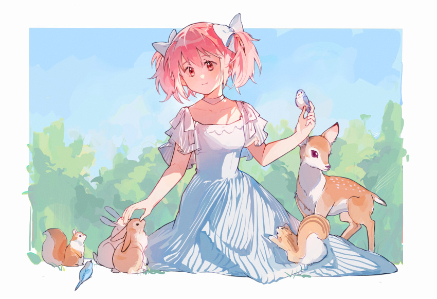 1girl alternate_costume animal bird bird_on_hand blue_sky border bow chinese_commentary choker collarbone commentary_request day deer dress full_body hair_bow highres kaname_madoka looking_at_animal mahou_shoujo_madoka_magica mahou_shoujo_madoka_magica_(anime) outdoors outside_border petting pink_eyes pink_hair rabbit short_hair short_sleeves short_twintails sitting sky smile solo squirrel sunlight tree twintails white_border white_bow white_choker white_dress ziyin