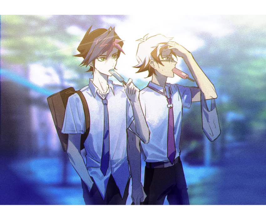 2boys bad_id bad_lofter_id bag black_pants blue_hair blue_necktie brown_bag collared_shirt day food food_in_mouth fujiki_yusaku glasses green_eyes hand_in_pocket hand_on_own_forehead hand_up highres holding holding_food holding_popsicle homura_takeru hot looking_to_the_side looking_up male_focus multicolored_hair multiple_boys naoki_(2rzmcaizerails6) necktie outdoors pants pink_hair pink_necktie popsicle popsicle_in_mouth rectangular_eyewear redhead school_uniform shirt short_hair shoulder_bag spiky_hair standing streaked_hair upper_body walking white_hair white_shirt yu-gi-oh! yu-gi-oh!_vrains