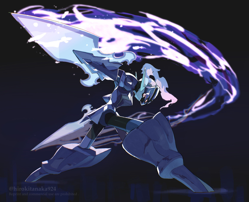 absurdres arm_blade armor artist_name blue_background ceruledge dark_background eye_trail fiery_hair fire from_behind glowing glowing_eyes highres light_trail looking_at_viewer looking_back pokemon pokemon_(creature) purple_armor purple_fire sword tanaka_(is2_p) violet_eyes weapon