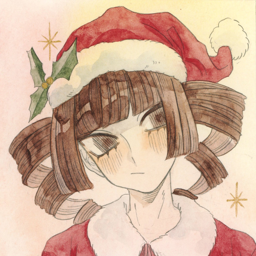 1girl :/ blunt_bangs blush brown_eyes brown_hair christmas closed_mouth drill_hair fur-trimmed_headwear fur_trim hat head_tilt highres holly kz_m_i looking_at_viewer original painting_(medium) pom_pom_(clothes) portrait red_hat santa_costume santa_hat simple_background solo sparkle traditional_media twin_drills watercolor_(medium)
