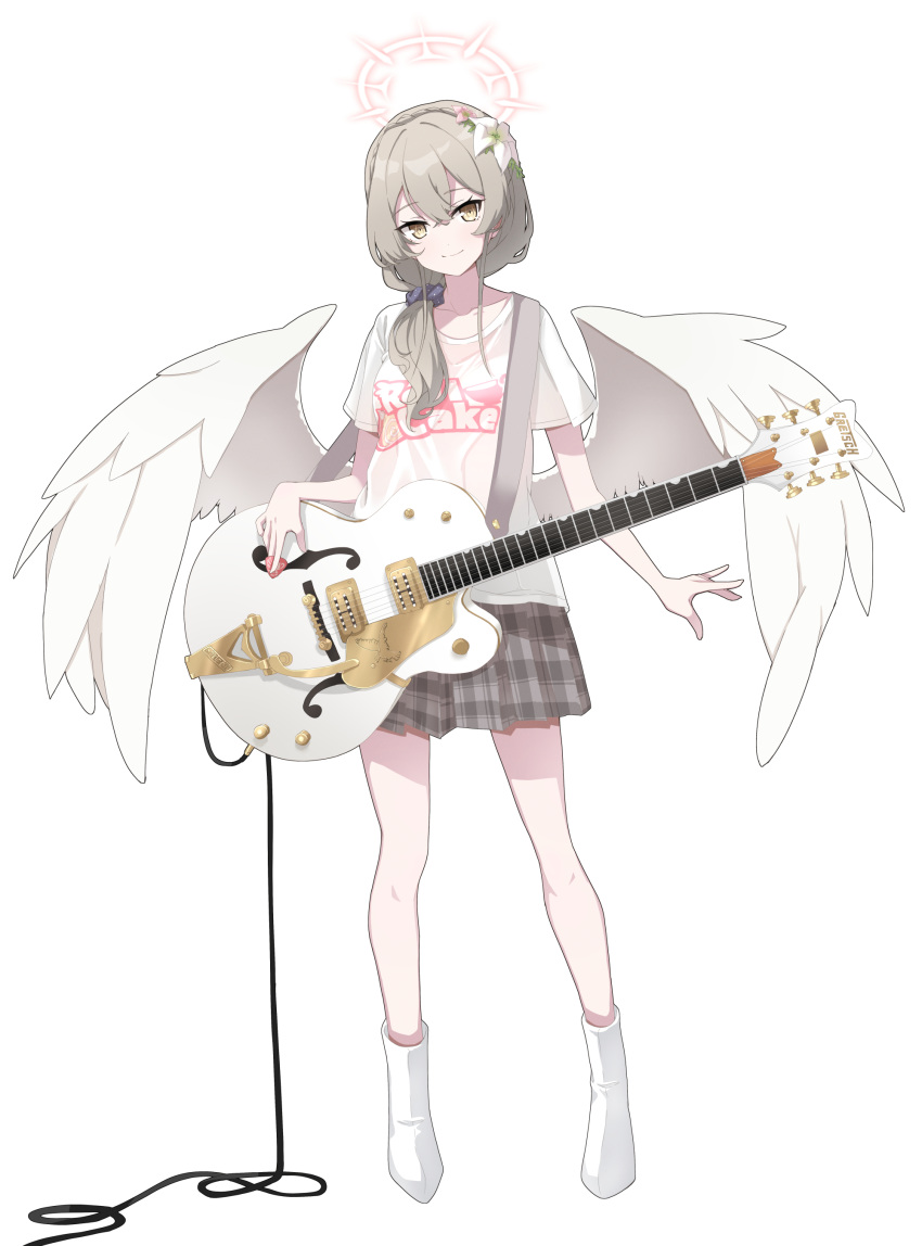1girl absurdres alternate_costume alternate_hairstyle amai_nekuta angel_wings audio_cable bare_arms bare_legs blue_archive boots braid breasts check_instrument closed_mouth clothes_writing collarbone commentary_request crossed_bangs crown_braid dot_nose double-parted_bangs electric_guitar feathered_wings flower full_body gretsch gretsch_white_falcon grey_skirt guitar hair_flower hair_ornament hair_over_shoulder halo head_tilt highres holding holding_guitar holding_instrument holding_plectrum instrument light_brown_hair logo long_hair looking_at_viewer low-tied_long_hair medium_breasts miniskirt nagisa_(blue_archive) outstretched_hand pink_halo plaid plaid_skirt pleated_skirt plectrum purple_scrunchie scrunchie shirt short_sleeves shoulder_strap simple_background skirt smile solo standing thick_eyelashes white_background white_footwear white_shirt white_wings wide_sleeves wings yellow_eyes