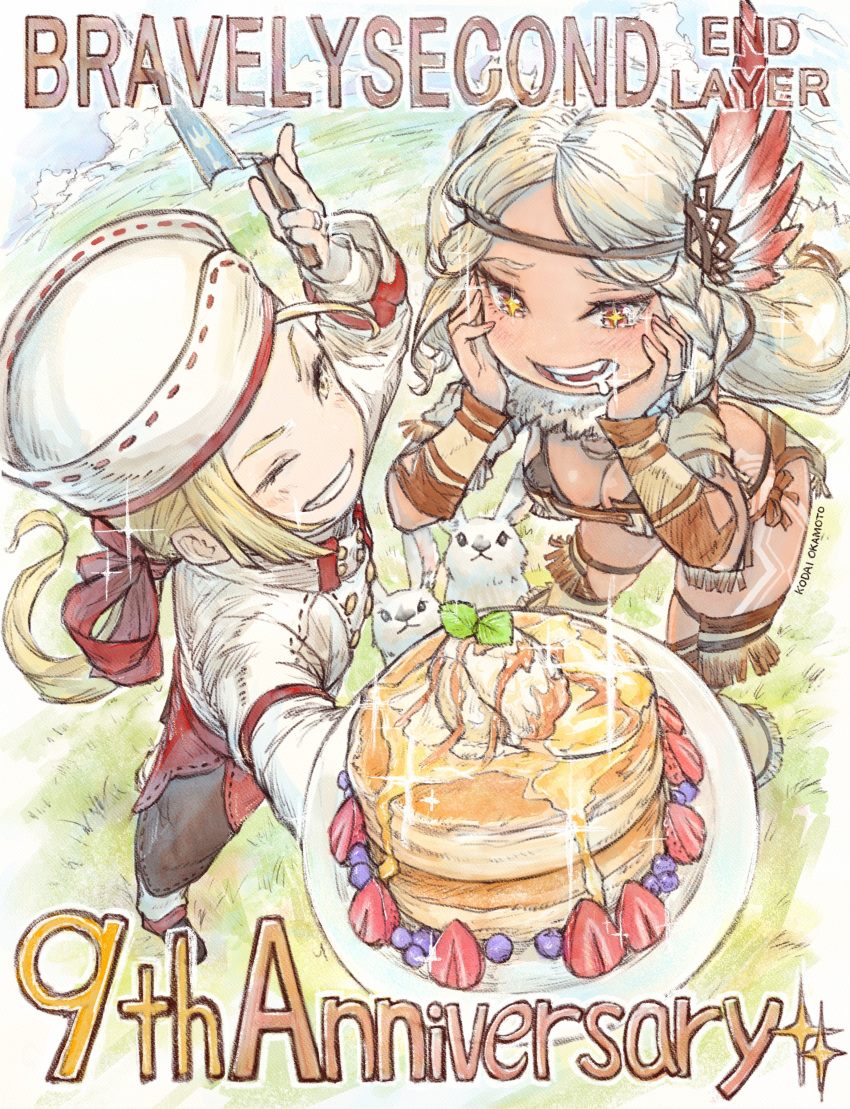 1boy 1girl absurdres aimee_matchlock angelo_ovo_panettone anniversary blonde_hair blush bravely_default_(series) bravely_second:_end_layer dark-skinned_female dark_skin drooling feather_hair_ornament feathers food from_above fruit hair_ornament hands_on_own_cheeks hands_on_own_face highres holding holding_plate honey ikusy looking_at_food one_eye_closed pancake pancake_stack perspective plate red_eyes sparkle spatula strawberry strawberry_slice white_hair yellow_eyes