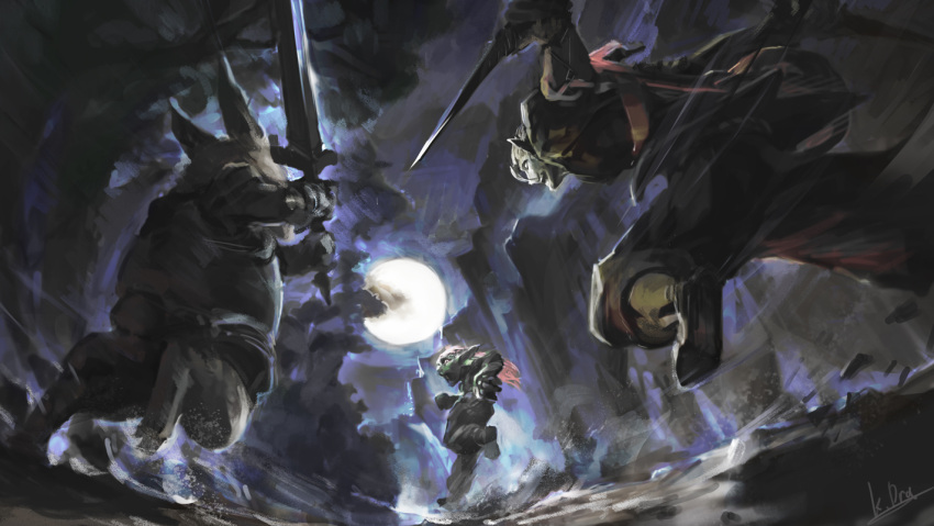 1boy armor boots breastplate chasing dagger fantasy fleeing from_behind full_moon furry goblin hair_between_eyes holding holding_dagger holding_knife holding_sword holding_weapon knife kuro_dora moon night original outdoors pointy_ears rabbit signature sword sword_world_2.0 weapon