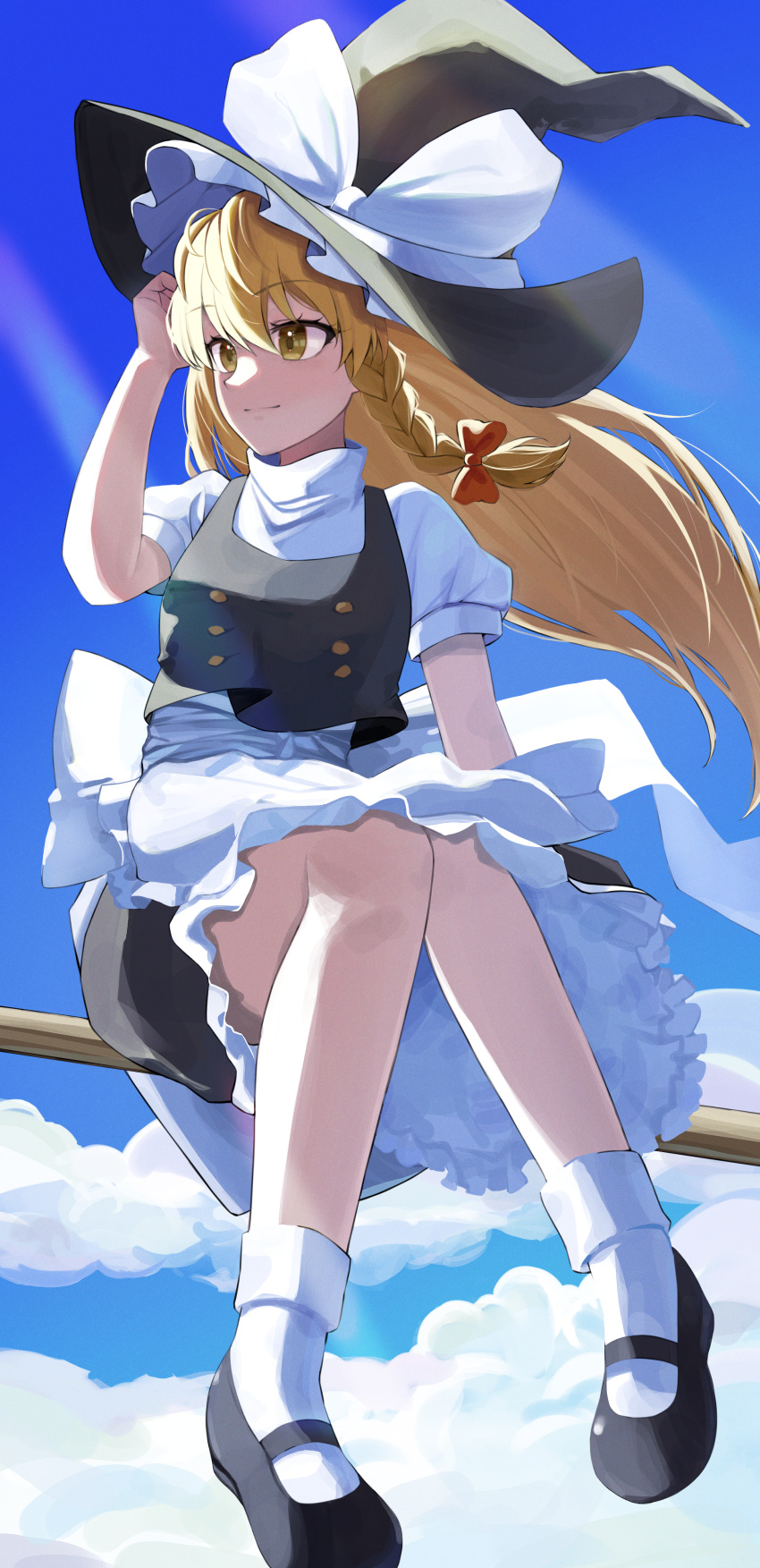 1girl absurdres ankle_socks arm_up black_footwear black_hat black_skirt black_vest blonde_hair bobby_socks bow braid brown_bow closed_mouth clouds commentary day flying frilled_skirt frills full_body hair_bow hand_in_own_hair hat hat_bow highres kirisame_marisa knees_together_feet_apart light_rays long_hair looking_afar outdoors puffy_short_sleeves puffy_sleeves shirt shoes short_sleeves side_braid sidesaddle single_braid sitting skirt smile socks solo sunlight touhou turtleneck vest white_bow white_shirt white_socks wind witch_hat yaki_tai yellow_eyes