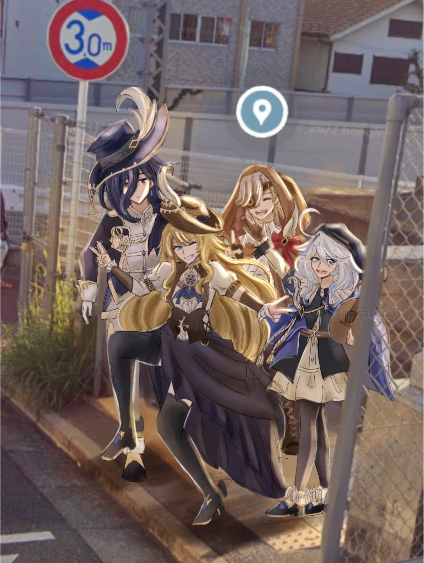 1boy 3girls :d ^_^ absurdres ahoge black_skirt black_thighhighs blonde_hair blue_eyes blue_jacket brown_hat chain-link_fence clorinde_(genshin_impact) closed_eyes commentary double_v dress fence furina_(genshin_impact) genshin_impact gloves grey_pantyhose grin hat hat_feather highres hood jacket long_hair long_sleeves lyney_(genshin_impact) multiple_girls navia_(genshin_impact) official_alternate_costume one_eye_closed open_mouth pantyhose photo-referenced photo_background purple_hair purple_hat ra_ruii road_sign shirt sign skirt smile spoilers thigh-highs v violet_eyes white_dress white_gloves white_hair white_shirt