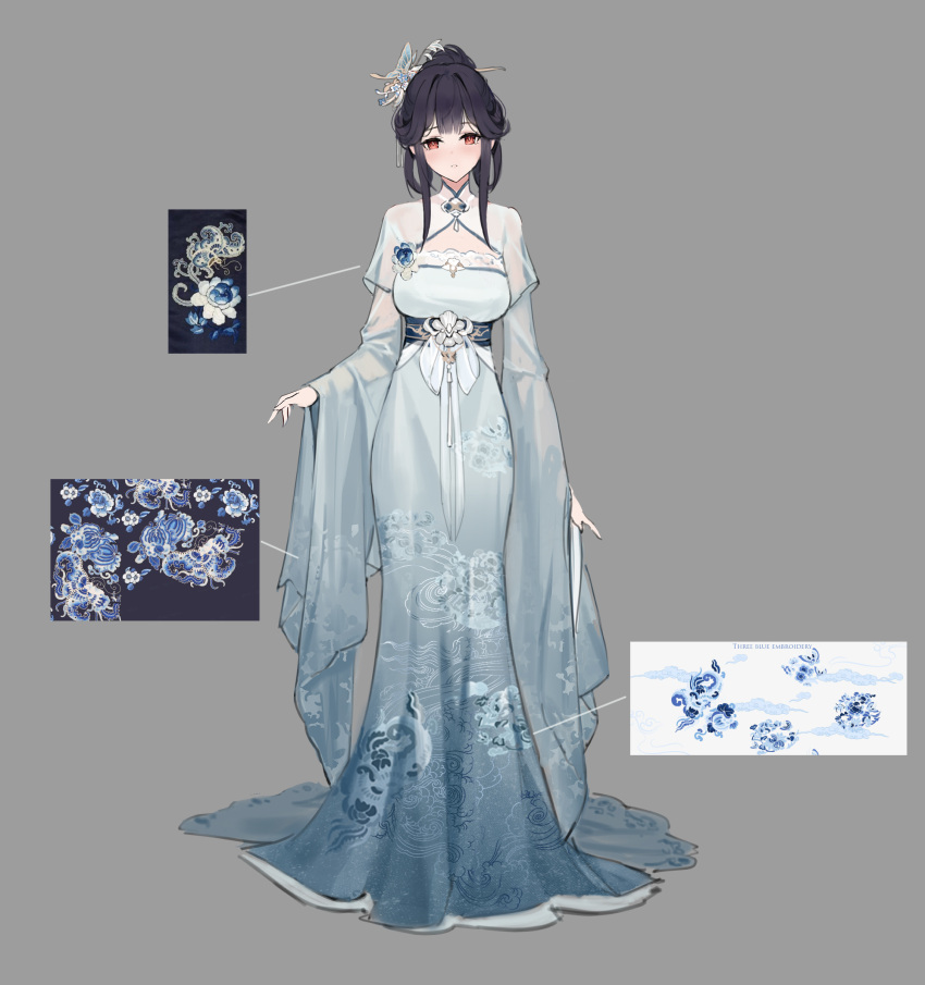 1girl azur_lane black_hair butterfly_hair_ornament chen_hai_(azur_lane) chen_hai_(sylvan_gaden's_embroidery)_(azur_lane) chinese_clothes dress floral_print full_body green_dress grey_background gujianshaonu hair_ornament highres long_dress long_sleeves looking_at_viewer official_alternate_costume parted_lips red_eyes reference_sheet simple_background solo standing wide_sleeves
