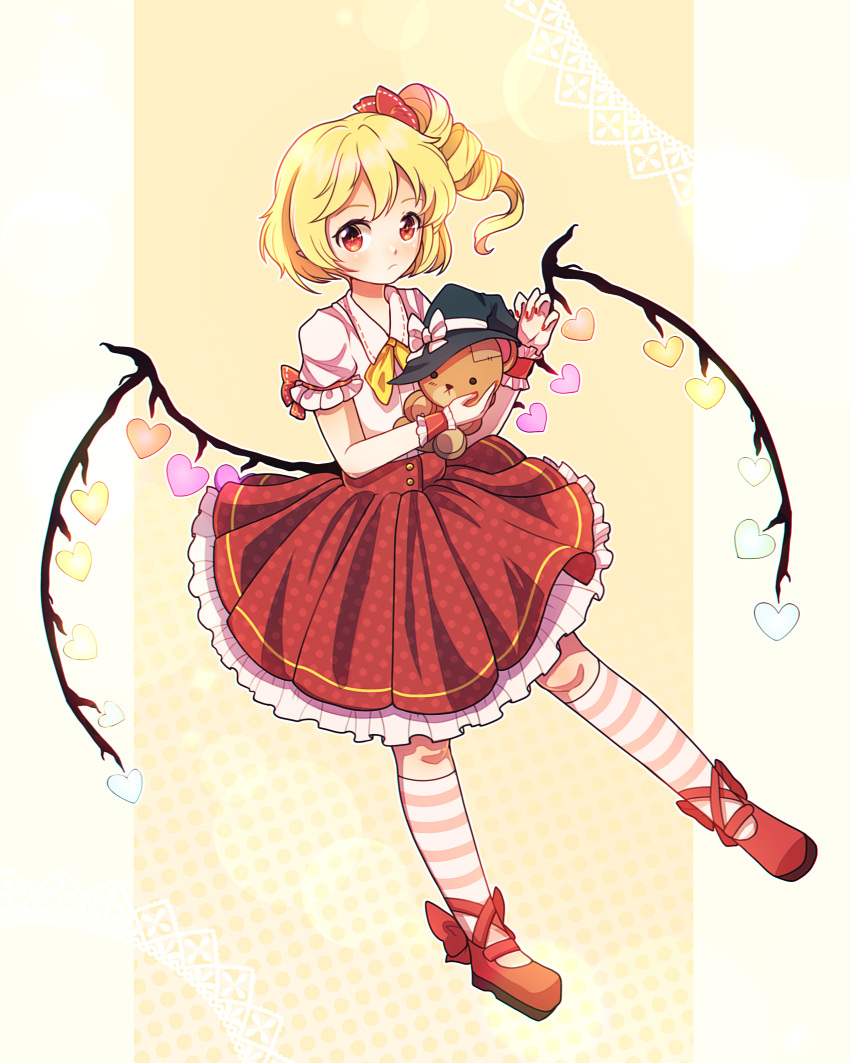 1girl absurdres ascot blonde_hair closed_mouth crystal_wings dress drill_hair dungeon_toaster flandre_scarlet full_body hat heart highres mary_janes red_dress red_eyes shoes side_ponytail solo striped_clothes striped_thighhighs stuffed_animal stuffed_toy teddy_bear thigh-highs touhou witch_hat yellow_ascot