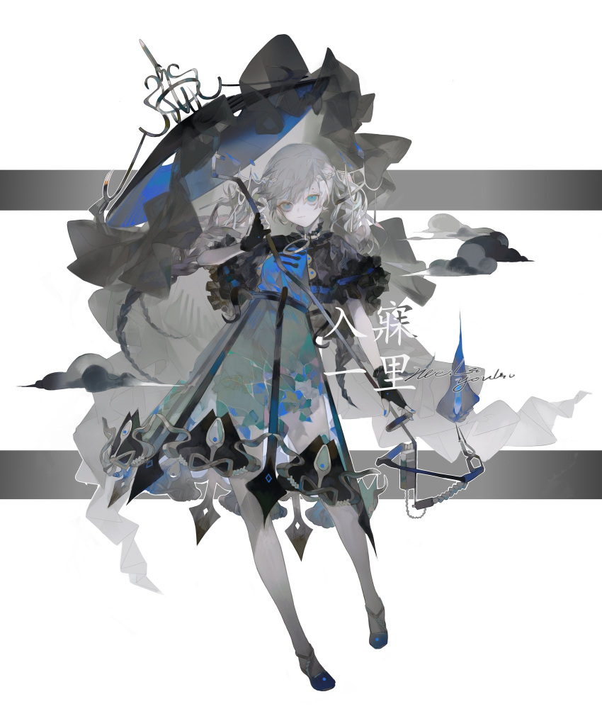 1girl black_gloves black_umbrella blue_eyes bow braid closed_mouth dress frills full_body gloves grey_hair hair_ornament highres holding holding_umbrella long_hair looking_at_viewer original see-through short_sleeves solo twintails umbrella white_background youliyouliv