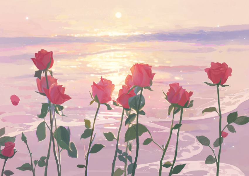 chinese_commentary commentary_request flower flower_focus highres leaf light_particles ningmeng_manyou no_humans ocean original outdoors petals procreate_(medium) red_flower red_rose reflection reflective_water rose rose_petals shore sun sunset