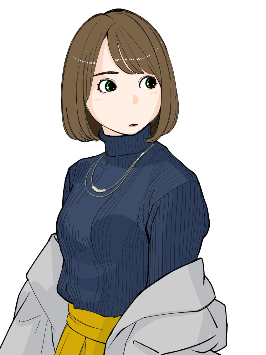 1girl blue_sweater bob_cut brown_hair green_eyes grey_jacket highres jacket jewelry looking_to_the_side medium_hair necklace off_shoulder original parted_lips sakamoto_giulietta simple_background skirt solo sweater turtleneck turtleneck_sweater vertical-striped_sweater white_background yellow_skirt