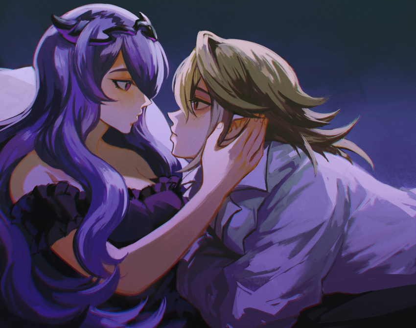 1boy 1girl absurdres ackrose alternate_costume bare_shoulders black_dress blush camilla_(fire_emblem) closed_mouth collared_shirt commentary commission corrin_(fire_emblem) corrin_(male)_(fire_emblem) dress english_commentary eye_contact fire_emblem fire_emblem_fates grey_hair hand_on_another's_face highres long_hair long_sleeves looking_at_another lying lying_on_person mixed-language_commentary pillow pointy_ears purple_hair red_eyes second-party_source shirt short_hair violet_eyes wavy_hair white_shirt