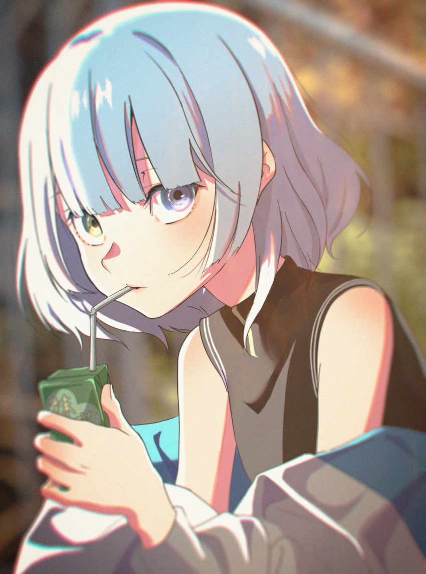 1girl absurdres bang_dream! bang_dream!_it's_mygo!!!!! black_shirt blurry blurry_background commentary_request drinking_straw drinking_straw_in_mouth grey_eyes heterochromia highres jacket juice_box kaname_raana looking_at_viewer medium_hair off_shoulder shirt shu_atelier sleeveless sleeveless_shirt solo upper_body white_hair white_jacket yellow_eyes