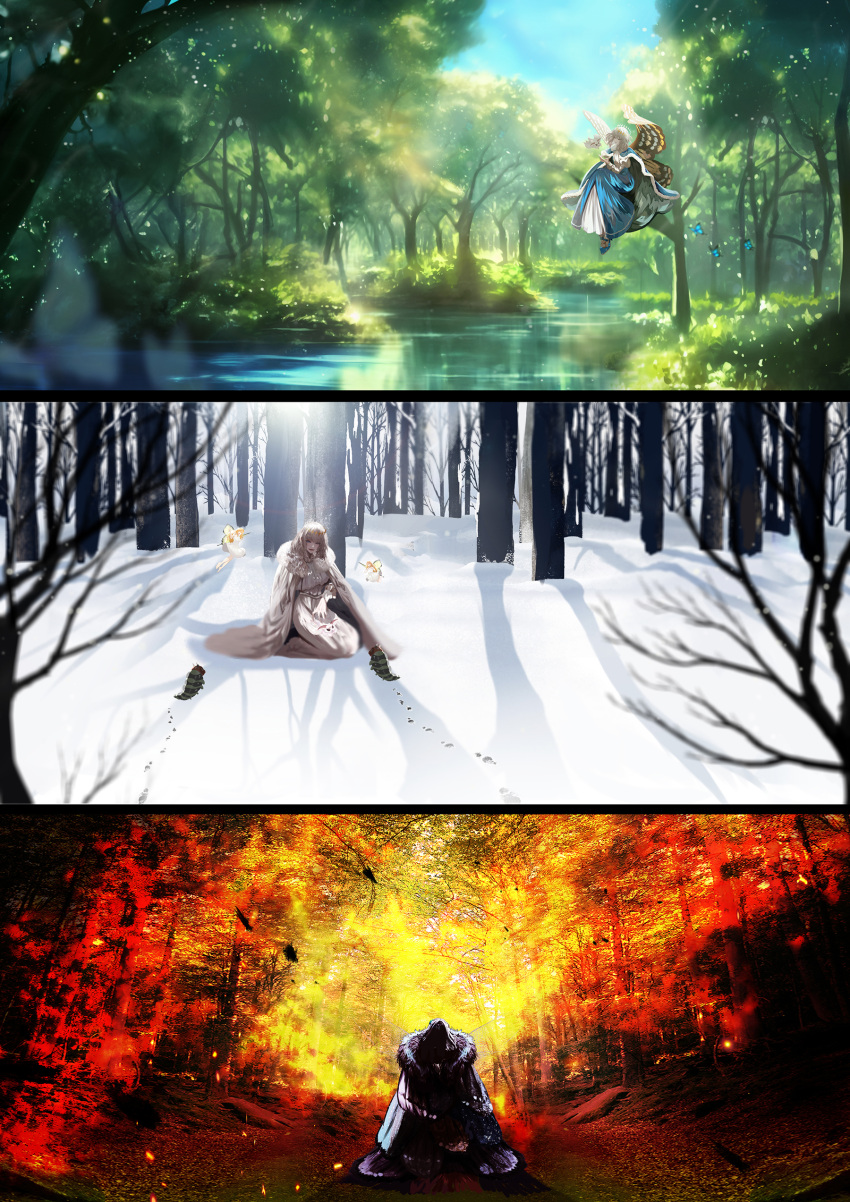 1boy 3boys absurdres antinese arthropod_boy black_hair blanca_(fate) blue_cloak blue_eyes bug butterfly_wings cape cloak crown diamond_hairband dragonfly_wings facing_away fate/grand_order fate_(series) fire floating forest full_body fur-trimmed_cape fur-trimmed_cloak fur_trim grey_hair highres insect_wings long_sleeves male_focus medium_hair moth multiple_boys multiple_persona nature no_wings oberon_(fate) oberon_(third_ascension)_(fate) river shirt sitting smile snow solo white_cloak white_shirt wide_shot wing_cape wings