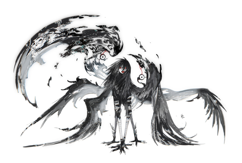 animal_feet bandaged_leg bandages black_feathers black_hair black_wings colored_skin creature feathers full_body goth_fashion highres kamikiririp looking_at_viewer monster no_humans open_mouth original red_eyes sphinx tail talons white_background white_skin wings