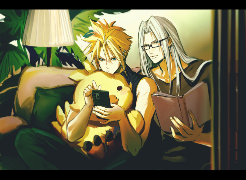 2boys alternate_costume alternate_universe annoyed black_pants black_sweater blonde_hair blue_eyes book brown_shirt casual cellphone chinese_commentary chocobo cloud_strife commentary contemporary couch final_fantasy final_fantasy_vii frown glasses green_eyes grey_hair hands_up highres holding holding_book holding_phone hugging_doll hugging_object indoors iphone lamp lampshade leaning_to_the_side light_smile long_hair looking_down male_focus multiple_boys night on_couch open_book pants parted_bangs phone plant potted_plant sephiroth shirt short_hair sitting sleeveless sleeveless_sweater sleeveless_turtleneck smartphone spiky_hair stuffed_animal stuffed_toy sweater toned toned_male turtleneck turtleneck_sweater upper_body window zeta_0513