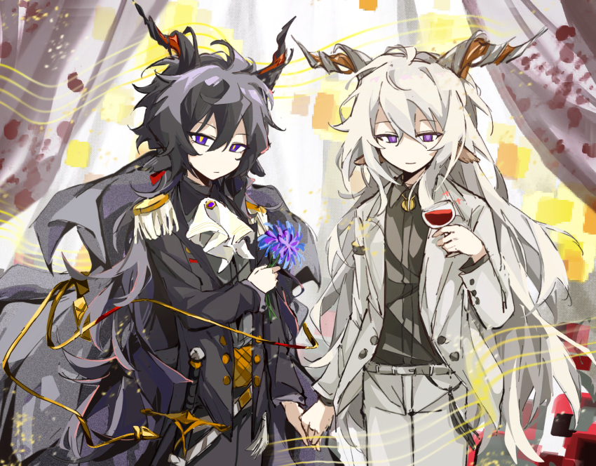 2boys alcohol arknights ascot belt black_jacket black_pants black_shirt blue_flower chinese_commentary closed_mouth collared_shirt commentary_request cup drinking_glass ebenholz_(arknights) epaulettes flower fringe_trim grey_belt highres holding holding_cup holding_flower holding_hands horns jacket jiekuijiangshadaonijiamenkou kreide_(arknights) long_hair long_sleeves male_focus multiple_boys open_clothes open_jacket pants shirt smile violet_eyes white_ascot white_hair white_jacket white_pants wine wine_glass yellow_pupils