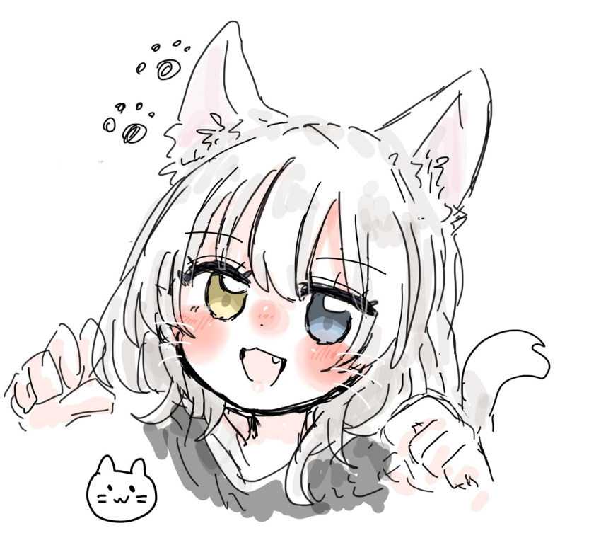 1girl :3 animal_ears bang_dream! bang_dream!_it's_mygo!!!!! blue_eyes blush cat_ears cat_girl cat_tail commentary_request fang heterochromia kaname_raana open_mouth paw_pose same_(same_d4) short_hair simple_background solo tail white_background white_hair yellow_eyes