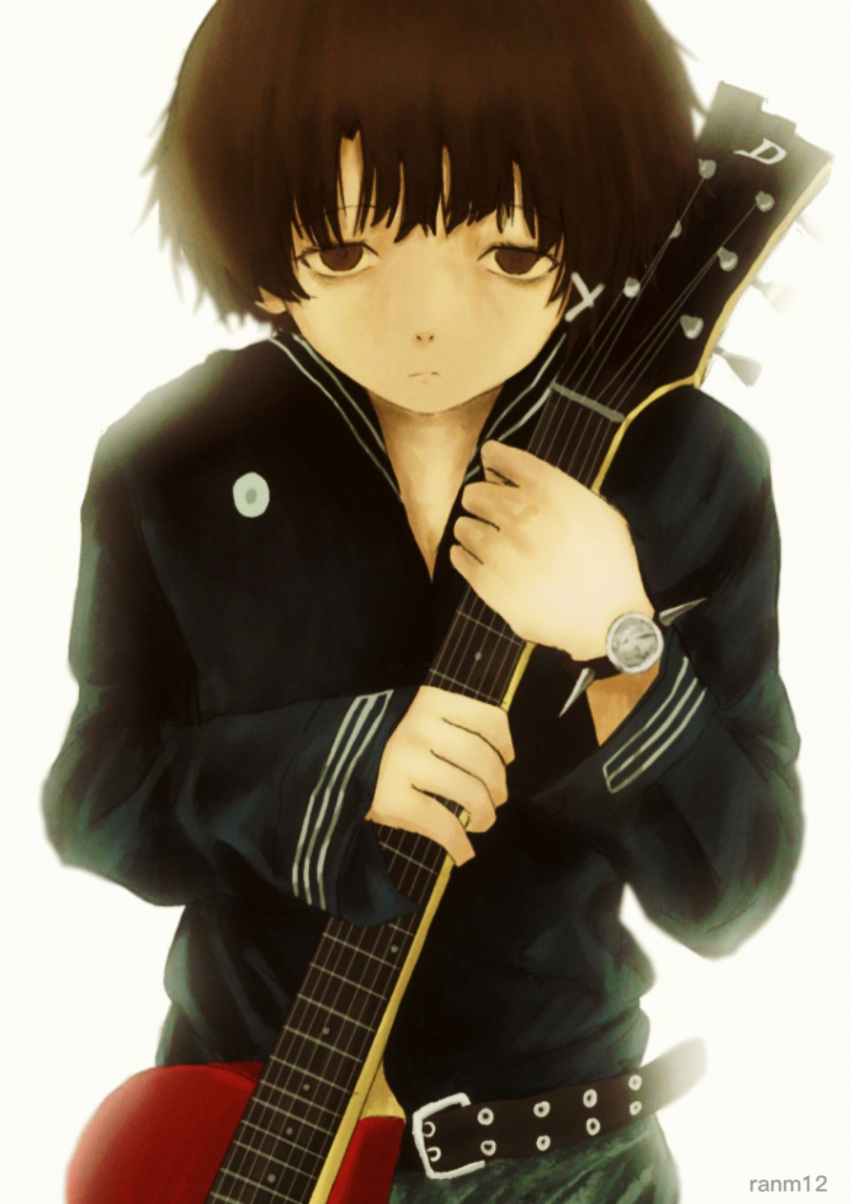 1girl alternate_costume artist_name belt black_belt blue_sailor_collar blue_shirt brown_eyes brown_hair closed_mouth commentary_request cowboy_shot expressionless green_pants guitar hair_ornament highres holding holding_guitar holding_instrument instrument iwakura_lain pants ranm12s sailor_collar serial_experiments_lain shirt shirt_tucked_in short_hair solo spikes v-neck watch watch white_background wide_sleeves x_hair_ornament