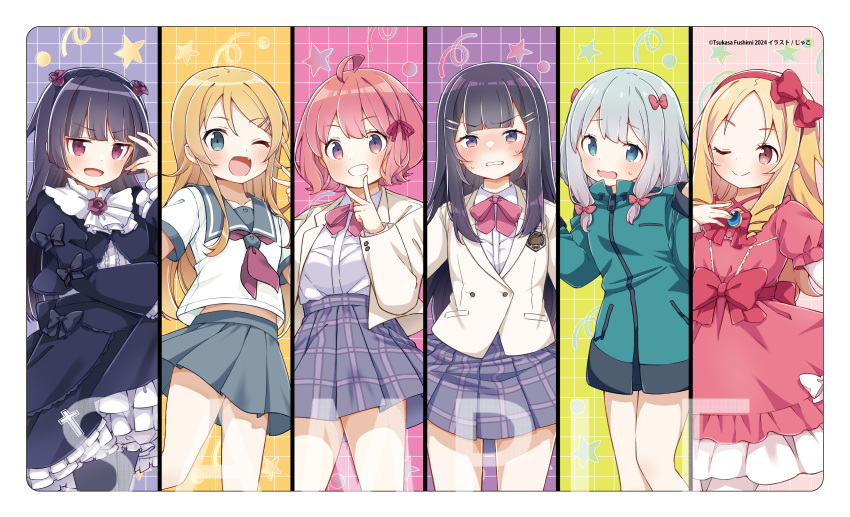 6+girls :d ;d absurdres ahoge black_hair black_jacket black_pantyhose black_skirt blazer blonde_hair blue_eyes blue_jacket blush bow breasts brown_eyes brown_jacket commentary_request dress eromanga_sensei fang flower frilled_dress frilled_skirt frills gokou_ruri gothic_lolita grey_hair grey_sailor_collar grey_skirt grin hair_bow hair_ornament hairband hairclip hand_up highres izumi_sagiri jacket jako_(jakoo21) kousaka_kirino layered_sleeves lolita_fashion long_hair long_sleeves mole mole_under_eye multiple_girls neckerchief one_eye_closed ore_no_imouto_ga_konna_ni_kawaii_wake_ga_nai pantyhose parted_bangs pink_bow pink_dress pink_hair plaid plaid_skirt pleated_skirt purple_flower purple_rose red_bow red_eyes red_hairband red_neckerchief rose sailor_collar sample_watermark school_uniform serafuku shirt short_over_long_sleeves short_sleeves skirt small_breasts smile star_(symbol) swept_bangs v-shaped_eyebrows very_long_hair watashi_no_hatsukoi_wa_hazukashisugite_darenimo_ienai watermark white_bow white_shirt wide_sleeves yamada_elf yasumi_chiaki yasumi_kaede