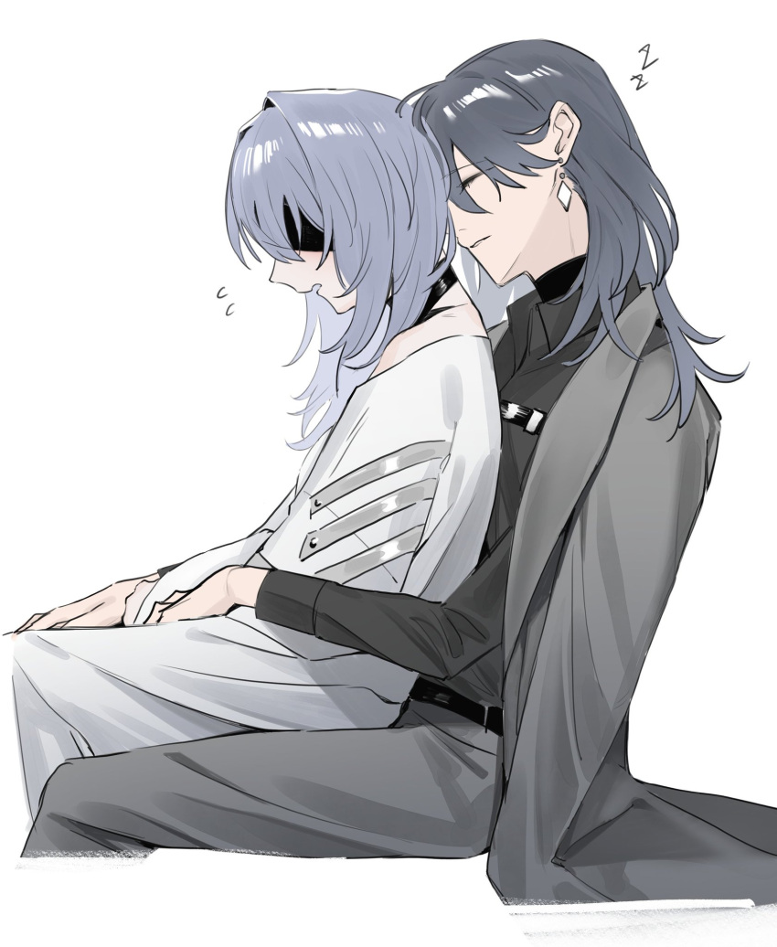 2girls black_shirt blue_hair chief_(path_to_nowhere) closed_eyes coat coat_on_shoulders collared_shirt commentary_request earrings eyepatch female_chief_(path_to_nowhere) flying_sweatdrops grey_coat grey_hair grey_pants hand_on_another's_leg hecate_(path_to_nowhere) highres jewelry long_hair long_sleeves multiple_girls pants parted_lips path_to_nowhere shirt simple_background sitting sitting_on_lap sitting_on_person sleeping smile toho10min white_background white_shirt yuri zzz
