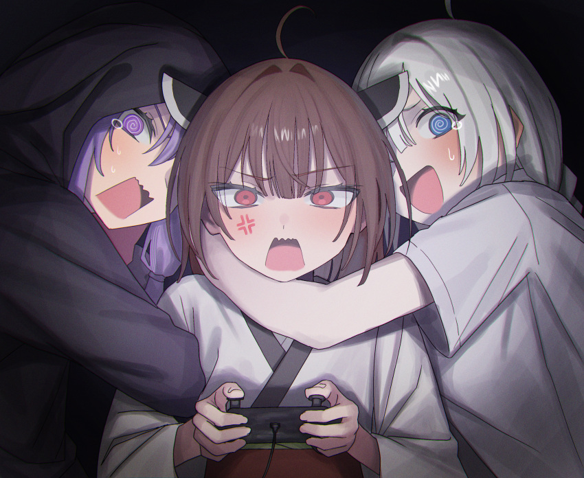 3girls @_@ absurdres ahoge alternate_costume anger_vein angry arm_around_neck black_background black_hoodie blue_eyes blush brown_hair commentary_request controller game_controller hair_intakes hands_up headgear highres holding holding_controller holding_game_controller hood hood_up hoodie hug japanese_clothes kimono kizuna_akari long_hair looking_at_viewer medium_hair multiple_girls nervous_smile obi open_mouth playing_games purple_hair red_eyes sash scared shirt short_sleeves sidelocks smile straight-on sweat t-shirt tearing_up textless_version touhoku_kiritan upper_body v-shaped_eyebrows vang_09 violet_eyes vocaloid voiceroid white_hair white_kimono white_shirt yuzuki_yukari