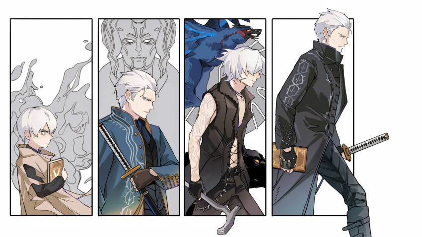 5boys aged_down aged_up arm_tattoo bare_shoulders black_coat black_gloves blue_coat blue_eyes bracelet cane closed_mouth coat devil_may_cry_(series) devil_may_cry_4 devil_may_cry_5 fingerless_gloves full-body_tattoo gloves hair_slicked_back hand_tattoo highres holding holding_cane holding_sword holding_weapon jewelry katana lucistomato male_focus multiple_boys necklace nelo_angelo sleeveless sleeveless_coat sword tattoo v_(devil_may_cry) vergil_(devil_may_cry) weapon white_hair yamato_(sword)