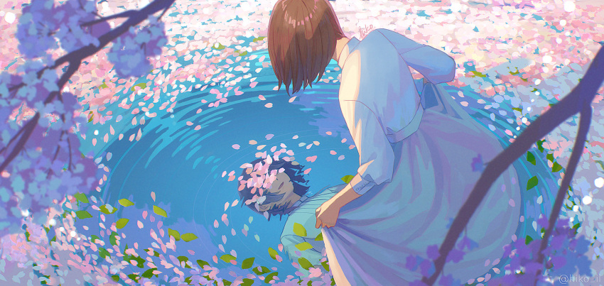 1girl :d branch brown_hair cherry_blossoms collared_shirt covered_eyes facing_down falling_petals from_above full_body highres hiko_(scape) leaning_forward long_skirt long_sleeves medium_hair nature open_mouth original outdoors petals reflection ripples shirt sidelocks skirt skirt_hold smile solo twitter_username wading water white_shirt white_skirt