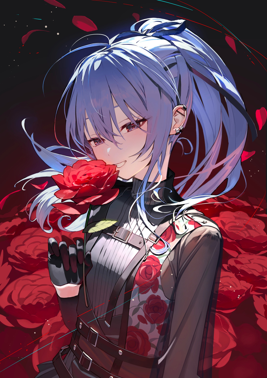 1girl absurdres anniversary black_gloves black_ribbon black_shirt blue_hair breasts character_name ear_piercing floating_hair floral_print flower gloves grin hair_ribbon hand_up highres holding holding_flower hololive hoshimachi_suisei hoshimachi_suisei_(shout_in_crisis) kitada_mo long_hair looking_at_viewer official_alternate_costume petals piercing ponytail red_eyes red_flower red_rose red_theme ribbon rose rose_petals rose_print shirt small_breasts smile solo turtleneck virtual_youtuber