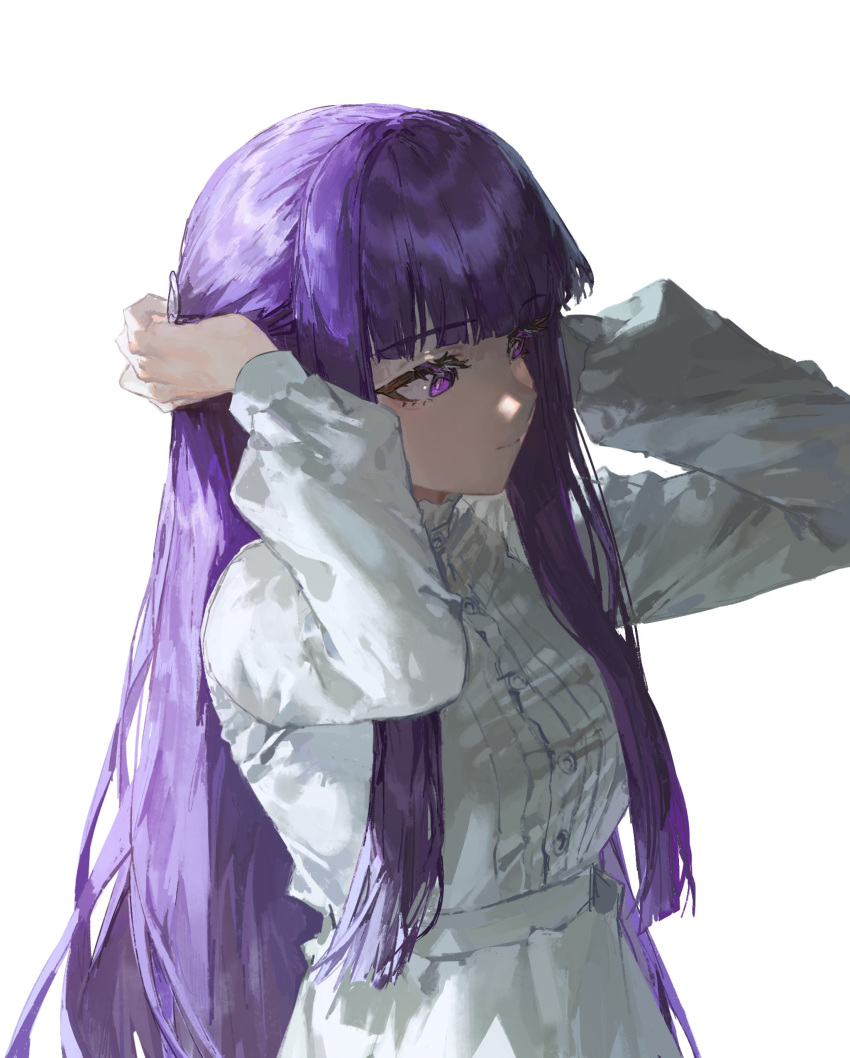 1girl absurdres dress eyelashes fern_(sousou_no_frieren) hair_ornament half_updo hands_up highres long_hair long_sleeves looking_ahead purple_hair quasarcake simple_background solo sousou_no_frieren tying_hair upper_body violet_eyes white_background white_dress