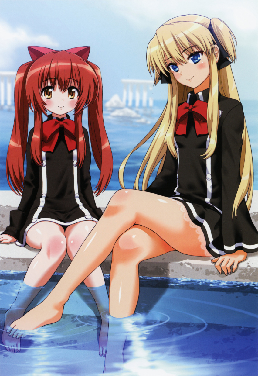 2girls absurdres aloe_(quiz_magic_academy) barefoot blonde_hair bow brown_eyes brown_hair goli_matsumoto hair_between_eyes hair_bow highres long_hair multiple_girls official_art quiz_magic_academy shalon sidelocks sitting thighs toes twintails two_side_up