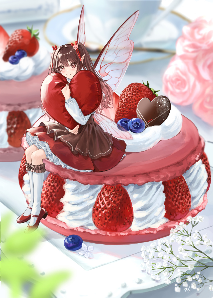 1girl absurdres blueberry brown_eyes brown_hair brown_skirt candy chocolate closed_mouth cup dot_nose fairy fairy_wings flower food fruit hair_ribbon heart heart-shaped_chocolate heart-shaped_pillow highres kneehighs long_hair looking_at_viewer macaron mary_janes mini_person minigirl nagisa_(pan_to_honey) original pillow pink_flower pink_rose pointy_ears red_footwear red_ribbon ribbon rose shoes skirt smile socks solo strawberry sweets teacup twintails valentine whipped_cream white_socks wings