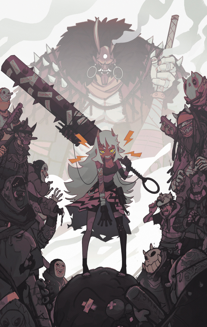 1girl 6+boys absurdres breasts club_(weapon) colored_skin deadslug demon_girl gloves highres horns long_hair looking_at_viewer mask multiple_boys navel oni original red_oni red_skin sharp_teeth shorts smile spiked_club tagme tattoo teeth weapon yellow_eyes