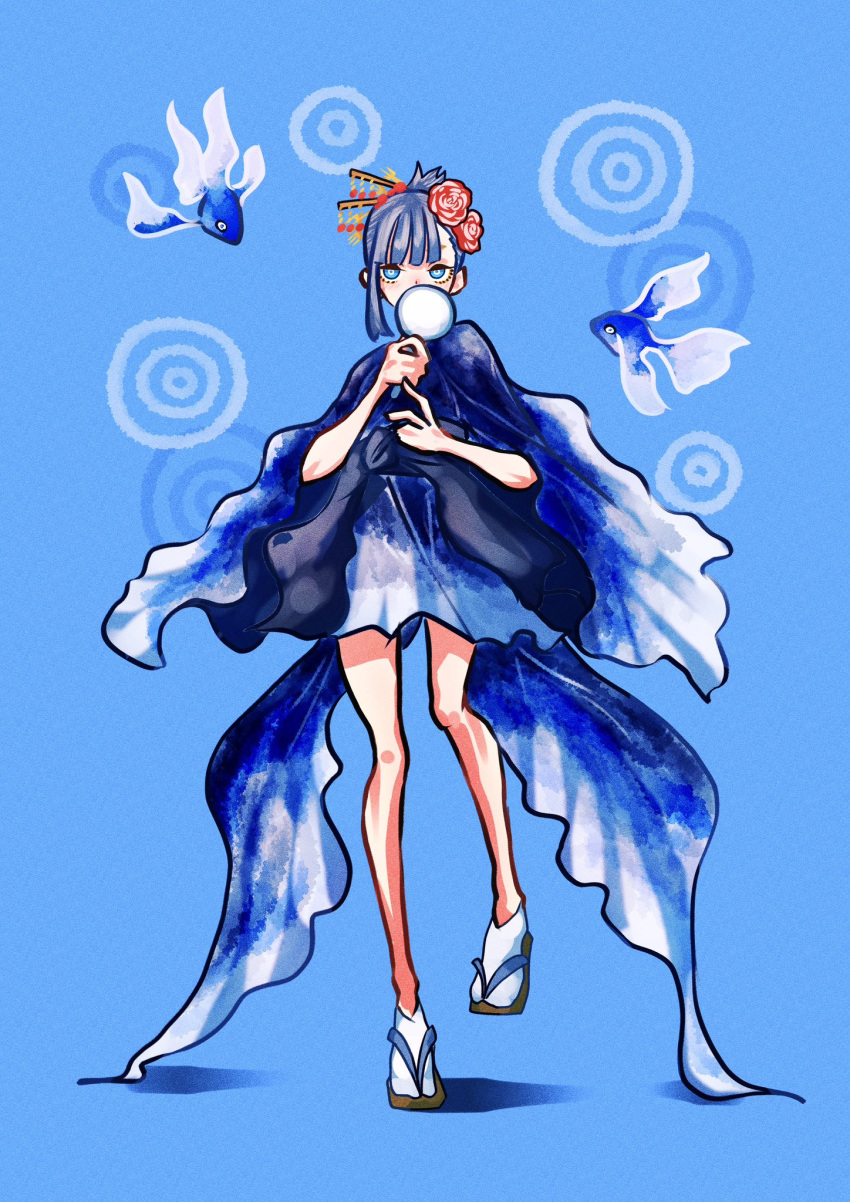 1girl asymmetrical_hair blue_background blue_dress blue_eyes blue_hair blue_theme covering_own_mouth dress fish flower hair_flower hair_ornament hair_stick highres holding looking_at_viewer original parted_bangs personification poi_(goldfish_scoop) rose sandals ship_o_man1015 single_sidelock standing standing_on_one_leg tabi zouri