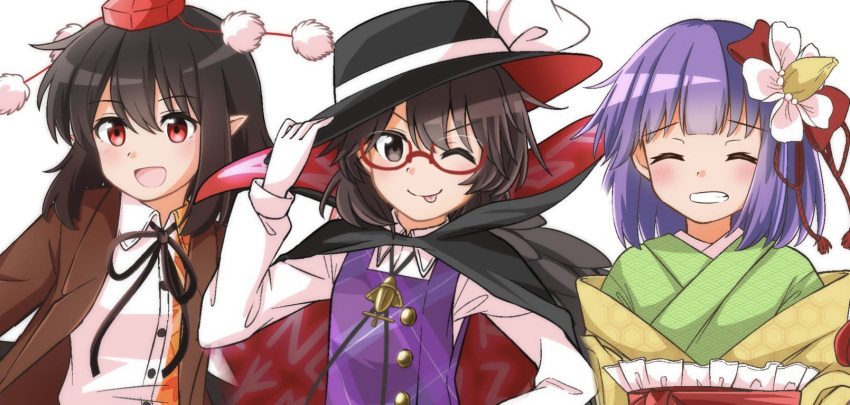 3girls black_cape black_hair black_hat black_ribbon breasts brown_eyes brown_hair brown_jacket cape closed_eyes commentary_request fedora frilled_skirt frills green_kimono hat hieda_no_akyuu highres jacket japanese_clothes kimono leaf_print long_sleeves multiple_girls neck_ribbon open_mouth pointy_ears pom_pom_(clothes) purple_hair red_eyes red_hat red_skirt red_vest ribbon shameimaru_aya shameimaru_aya_(newsboy) shirt simple_background skirt small_breasts tokin_hat tongue tongue_out touhou usami_sumireko vest white_hair white_shirt yakousei_no_kame yellow_kimono
